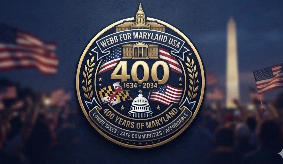 Webb for Maryland USA campaign seal: 400 Years of Maryland, 1634 to 2034. Lower taxes, safe communities, affordable.
