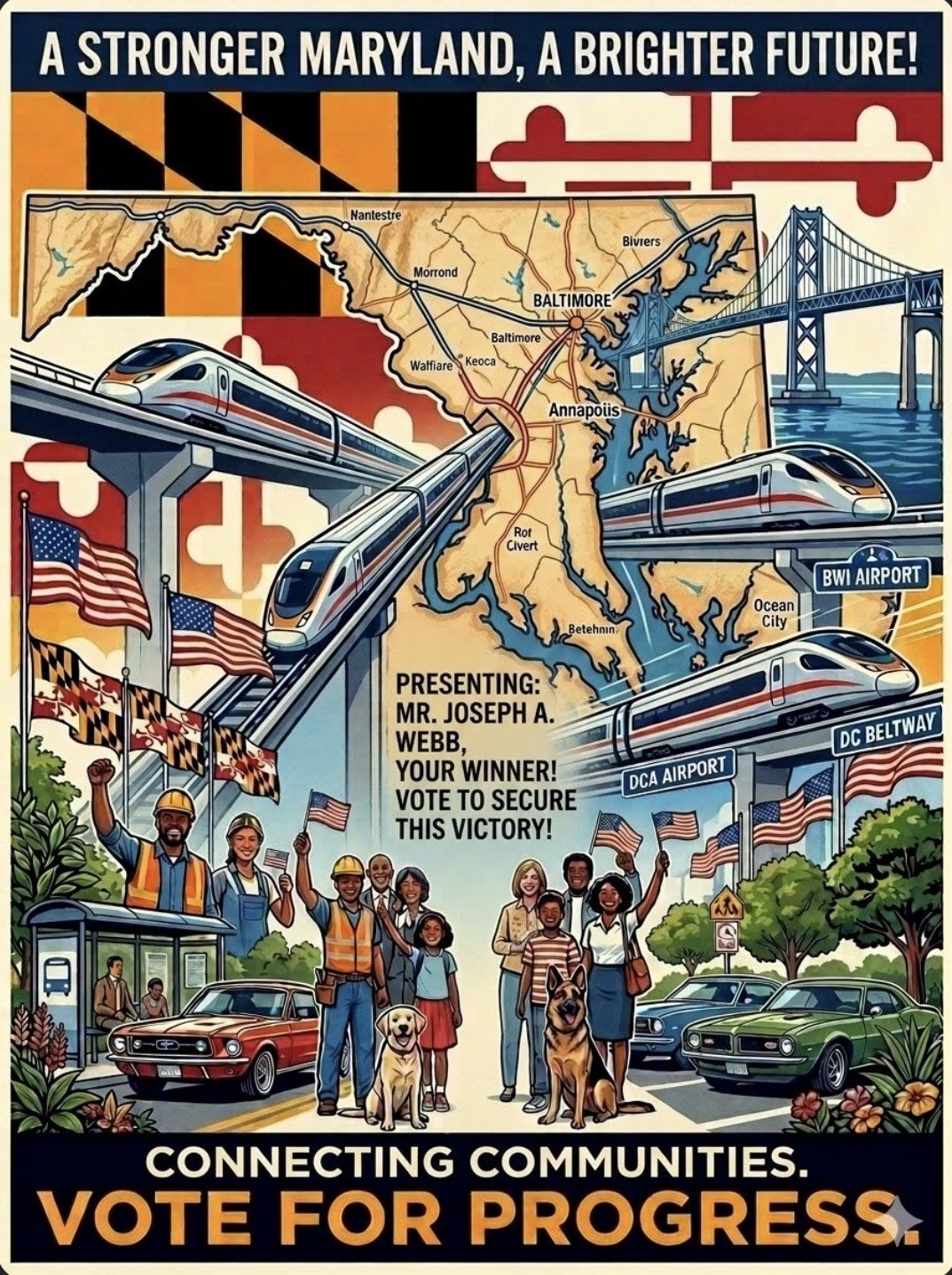 Campaign poster: A stronger Maryland, a brighter future. Trains connecting Maryland communities. Connecting communities, vote for progress.